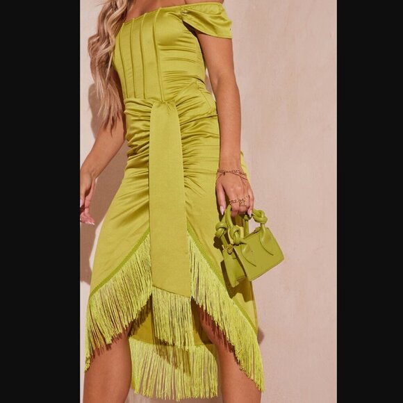PrettyLittleThing Dresses & Skirts - PrettyLittle Thing Olive Satin Bardot Tassel Hem Draped Midi Dress Satin Formal